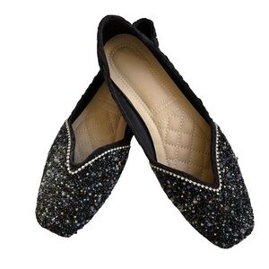 Velvet Black Sparkle Pointed Toe Flats with Rhinestone Trim